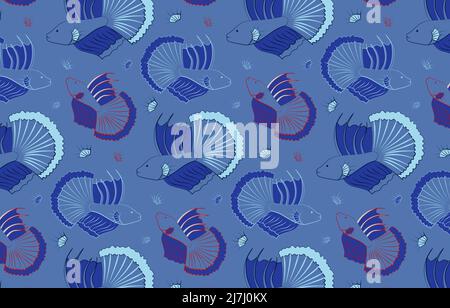 Beautiful and blue pattern with betta fish.  Stock Vector