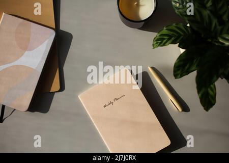 Aesthetic feminine workspace with weekly planner, notebooks, pen, candle, green plant on table. Stock Photo