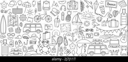 A large set with things for traveling to the mountains and the sea. Set of travel things on vacation. Summer collection. Vector line icon. Editable Stock Vector