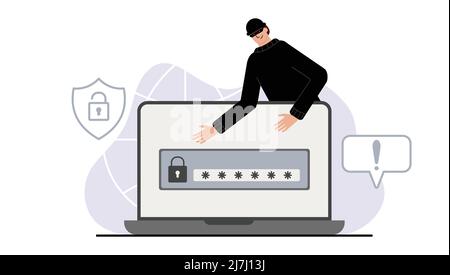 Hacker attack. Fraud with user data on social networks. Credit or debit card theft. Internet phishing, hacked username and password. Cybercrime and Stock Vector