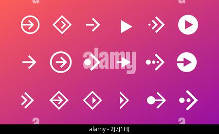 Swipe right button icon set. Application and social network scroll arrow pictogram for web design or app. Next direction white pointer ui interface element collection on gradient background. Vector Stock Vector