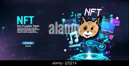 NFT token in crypto artwork. Banner Non-fungible token Stock Vector