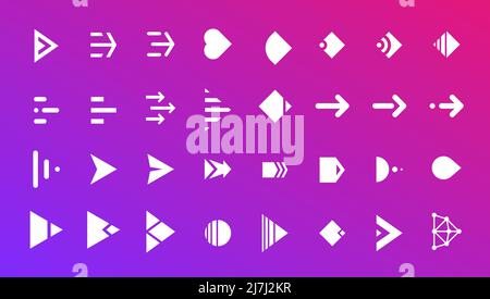 Swipe right button icon set. Application and social network scroll arrow pictogram for web design or app. Vector next direction white pointer ui interface element collection on gradient background Stock Vector