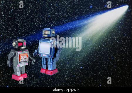 Two tin toy robots produced during the 1950s Stock Photo