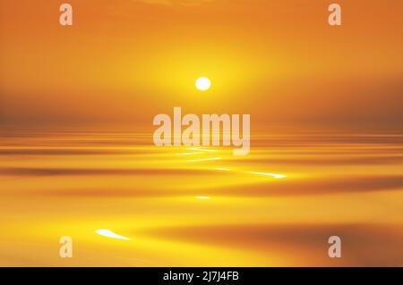Hazy golden sunset or sunrise reflected on silky water Stock Photo