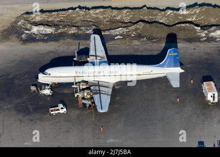 Everts Air Cargo C-188A Liftmaster aircraft aerial view. Plane DC-6 (DC-6A version) of Everts Air Cargo. Stock Photo