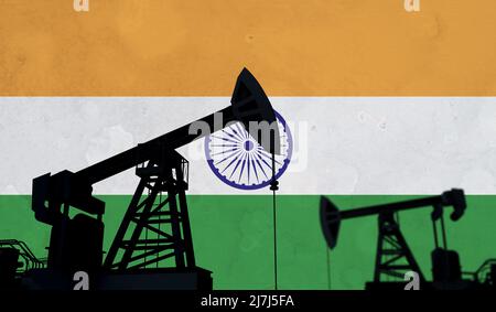 Oil and gas industry background. Oil pump silhouette against india flag. 3D Rendering Stock Photo