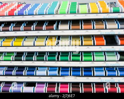 Spools of Thread on Display in Retail Store Stock Photo