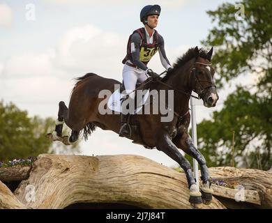 Badminton Horse Trials - Cross Country Test - Badminton, UK. 07th May, 2022. Ariel Grald on Leamore Master Plan during the Cross Country Test at the Badminton Horse Trials. Picture Credit : Credit: Mark Pain/Alamy Live News Stock Photo