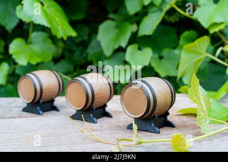 Winery concept. Miniature wine barrels on the wooden rustic background of vineyards and grape leaves. Selective focus, copy space. Stock Photo