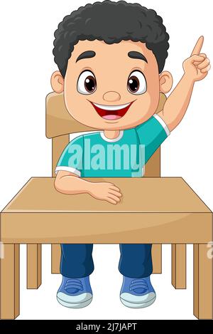 Cartoon little boy sitting on table with pointing up Stock Vector
