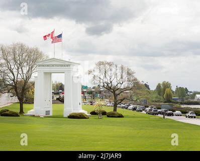 Peace Arch Park by the Douglas border crossing at the Canada US border, between Blaine Washington and White Rock BC. Stock Photo