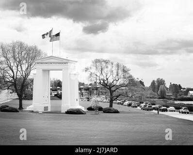 Peace Arch Park by the Douglas border crossing at the Canada US border, between Blaine Washington and White Rock BC.  Black and White Photo. Stock Photo