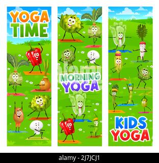 Cartoon cheerful vegetables on yoga sport on weekly meal planner ...