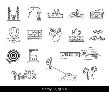 Amusement park, playground and funfair, extreme activity, carousel outline icons. Vector entertainment attractions, isolated hot air balloon, fun fair tickets, horse carriage, kites and boat parachute Stock Vector