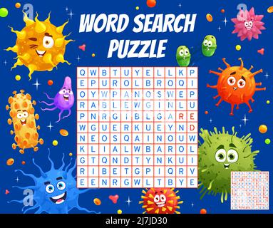 Virus Riddle Cartoon germs and viruses on crossword grid worksheet. Find a word quiz ...