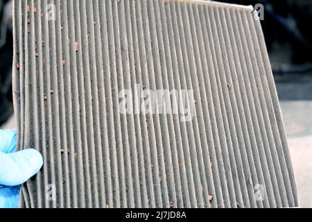 A closeup of an old dirty used car AC air conditioning filter full of dust removed from the vehicle to be replaced with a new one, cabin air carbon fi Stock Photo