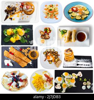 Collage of breakfasts isolated on white Stock Photo