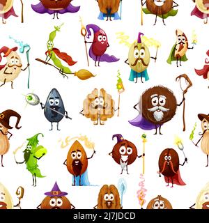 Cartoon nuts and beans wizards, mages and warlocks, vector seamless pattern background. Nuts magicians and sorcerers with magic wands, walnut with hazelnut and coffee bean, peanut and coconut Stock Vector