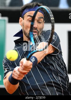 May 10, 2023, ROME: Fabio Fognini of Italy reacts during his men's singles  first round match against Andy Murray of Britain (not pictured) at the Italian  Open tennis tournament in Rome, Italy