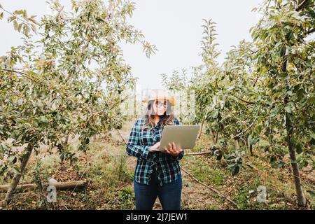 Young latin farmer woman using a laptop to control the production of her farmland. Stock Photo