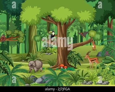 Forest scene with various wild animals illustration Stock Vector