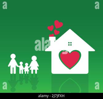 Happy family at home Mom and Dad stand holding hands with boys and girls. Home heart on the ground, blurred green background Stock Vector