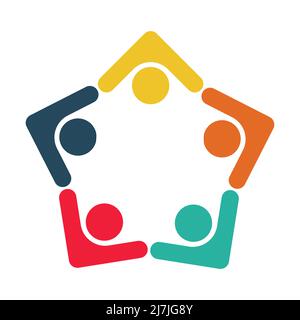 five people in a circle holding hands.The summit workers are meeting in the same power room Stock Vector