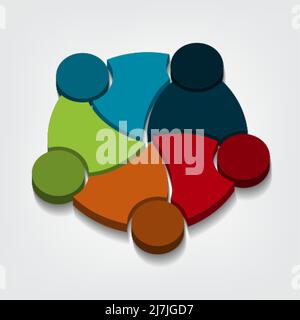Group of five people logo in a circle.Persons teamwork holding point of view 3D Stock Vector