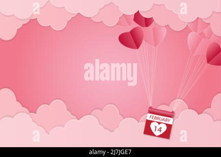 Valentine's day, heart-shaped balloon floating in the sky, pink background, paper art Stock Vector