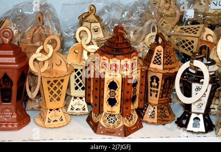 Giza, Egypt, March 14 2022: Islamic Ramadan wooden Lanterns, Fanous Ramadan on shelves of a supermarket for sale, Festive celebration before beginning Stock Photo