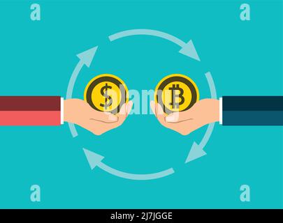 business coin concept.exchange coins dollar to bitcoin by hand to hand,Vector illustration Stock Vector