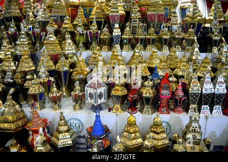 Giza, Egypt, March 14 2022: Islamic Ramadan metal Lanterns, Fanous Ramadan on shelves of a supermarket for sale, Festive celebration before beginning Stock Photo