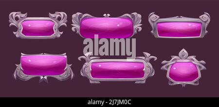 Game ui frames, pink medieval menu glossy borders, gui elements, buttons or banners with silver ornate rims and glass plaques. Empty royal gui bars for rpg or arcade interface, Cartoon vector set Stock Vector