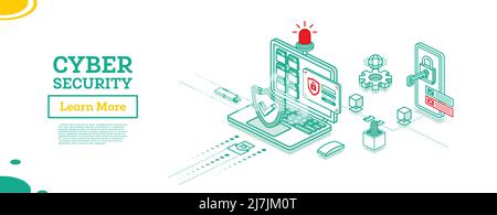 Cyber Security Concept. Shield Symbol. Isometric Laptop and Smartphone with Key Inserted in Lock. Data Protection. Vector Illustration. Stock Vector
