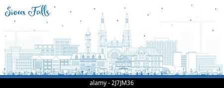 Outline Sioux Falls South Dakota City Skyline with Blue Buildings. Vector Illustration. Sioux Falls USA Cityscape with Landmarks. Stock Vector