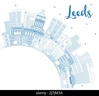Outline Leeds UK City Skyline with Blue Buildings and Copy Space. Vector Illustration. Leeds Yorkshire Cityscape with Landmarks. Stock Vector