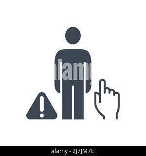 Do not touch people related vector glyph icon. Man hand and exclamation mark in a triangle. Isolated on white background. Editable vector illustration Stock Vector