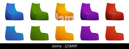 Bean bag chairs, soft furniture for sitting in front and back view. Vector cartoon set of red, yellow, blue, purple and green lazy bags, cozy comfortable armchairs Stock Vector