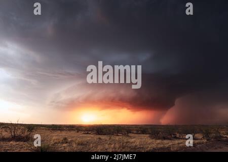 Ominous supercell storm clouds at sunset near Channing, Texas, USA Stock Photo