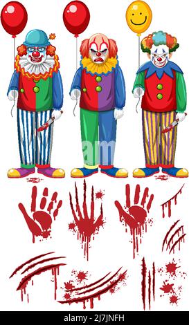Set of creepy clown characters and elements illustration Stock Vector