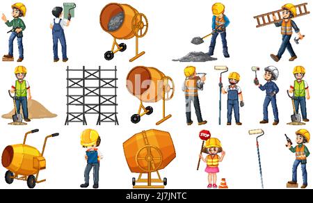 Set of construction site objects and workers illustration Stock Vector