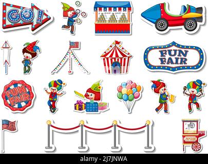 Sticker set of amusement park objects and cartoon characters ...