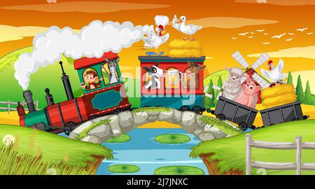 Many animals riding on train in countryside illustration Stock Vector