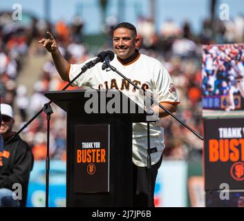 San Francisco Giants' Buster Posey heads up the first-base line after  flying out against Colorado Rockies relief pitcher Daniel Bard in the  seventh inning of a baseball game Saturday, Sept. 25, 2021