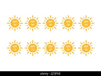 SPF protection from 10 to 55 icon vector set UV block symbols sunscreen skincare cosmetics packaging labels for graphic design, logo, website, social Stock Vector