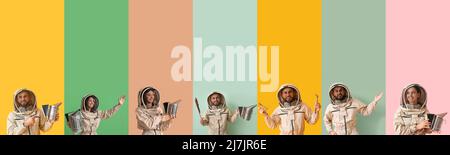 Set of beekeepers in protective suits on colorful background Stock Photo