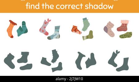 Vector children educational game. Find the correct shadow. Various cartoon socks. Find right black silhouette for clothes. Template of worksheet Stock Vector