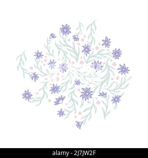 Vector illustration of delicate small purple and pink flowers on stems in circle composition on a white background. Natural clipart with Ditsy Stock Vector