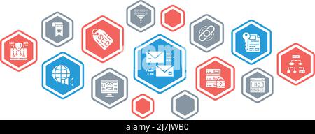 SEO banner concept. Bookmark, Hosting, Hyperlink, Advertisement, Data Transfer banner flat style vector illustration. Stock Vector